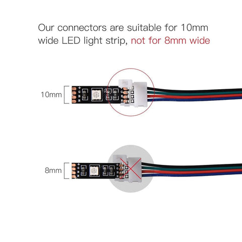 10 Pack 5050 3528 RGB LED Light Strip Connectors With 4 Pin 10mm Wide Solderless Strip To Strip Jumper Angle Connector usage diagram