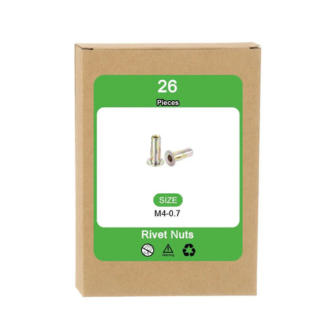 Box of Multi Grip M4 Rivet Nuts Kit With Flat Head Carbon Steel Pre Bulbed Shank Threaded Insert Nuts Zinc Plated Finish 26 Pcs.