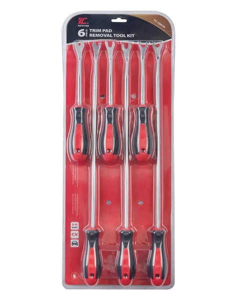 Heavy Duty 6 Piece Auto Interior Trim Clip Removal Set For Car Door Panel Pry Bars And Fastener Toolkit in packaging.