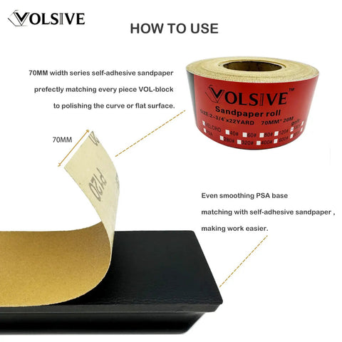 Pro Grade Set Of 7 Hand Sanding Blocks With PSA Base Auto Body Sanding Kit showing sandpaper roll and adhesive application