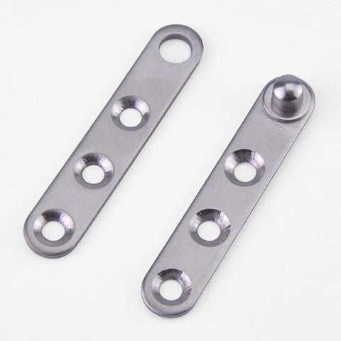 Massive 4 Piece Stainless Steel Concealed Door Pivot Hinges Packed With Smooth 360 Rotating Swivel Mechanisms Built Like A Tank For Rock Solid Cabinet And Shelving, close-up of two stainless steel pivot hinge plates.