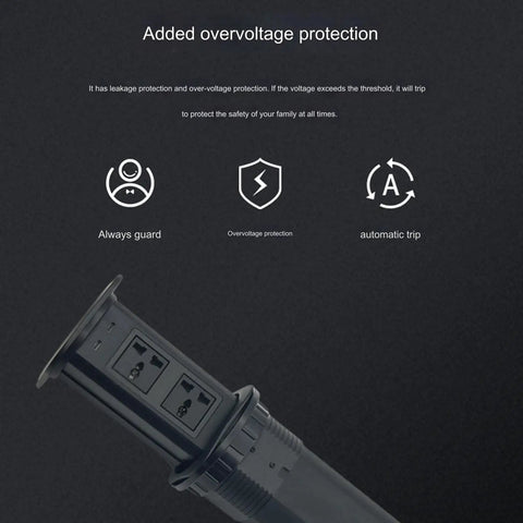 Top Shelf Smooth Pop Up Power Strip For Kitchen Island And Home Office Desk, Heavy Duty Hidden Surge Protector With Overvoltage Safety, showing surge protection features and layout.