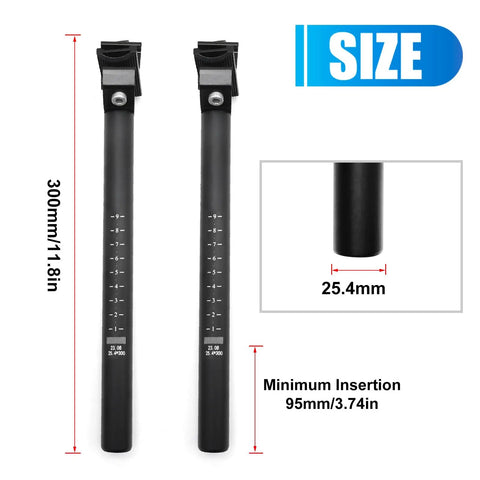 25.4mm Bicycle Seat Post With 300mm Length And Adjustable Clamp Clear Height Scale side view with size measurements