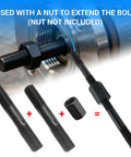 Front view: two M10x120mm double-ended carbon steel threaded studs with black oxide finish and nuts