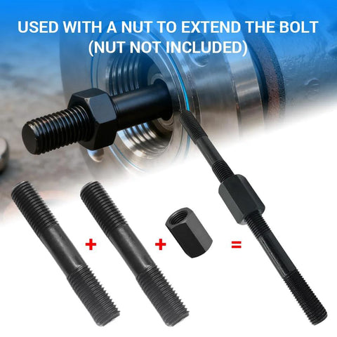 Front view: two M10x120mm double-ended carbon steel threaded studs with black oxide finish and nuts