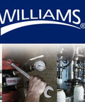 Industrial worker adjusting valves and gauges under 'WILLIAMS' logo, showcasing industrial equipment and engineering.