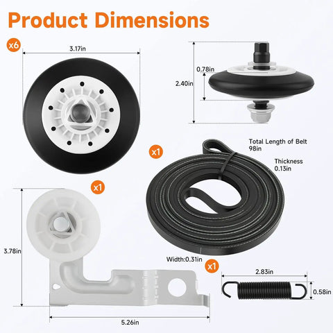 Product dimensions for Next Level Dryer Drum Rollers Kit For LG And Kenmore Dryers, showing rollers, belt, and spring sizes.