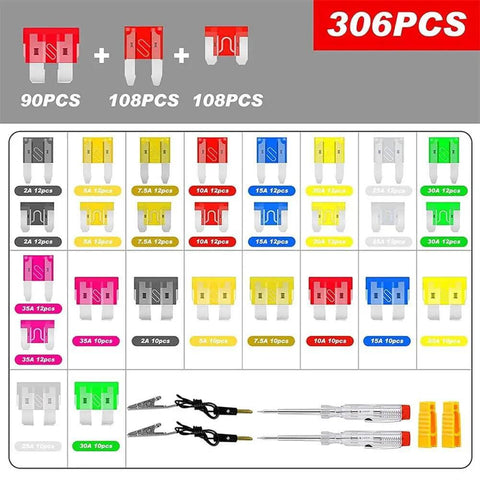 306Pcs Car Fuses Assortment Kit With Aluminum Sheet 2-35A M And S, Circuit Tester, Color Coded Transparent Case