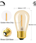Detailed view of 25 Pack S14 String Light Bulbs Replacement, Amber 2200K LED Filament Bulbs, E26 Base, Shatterproof, Waterproof, Dimmable 1W, UL Listed with measurements.