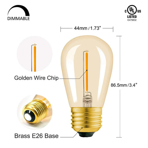 Detailed view of 25 Pack S14 String Light Bulbs Replacement, Amber 2200K LED Filament Bulbs, E26 Base, Shatterproof, Waterproof, Dimmable 1W, UL Listed with measurements.