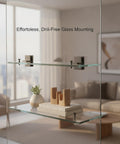 Stainless Steel Glass Shelf Clamps For Tempered Glass Panels Wall Mount Bathroom Brackets That Grip The Edge No Drill Floating Shelf Support Hardware 4 Pack holding glass shelves with decor