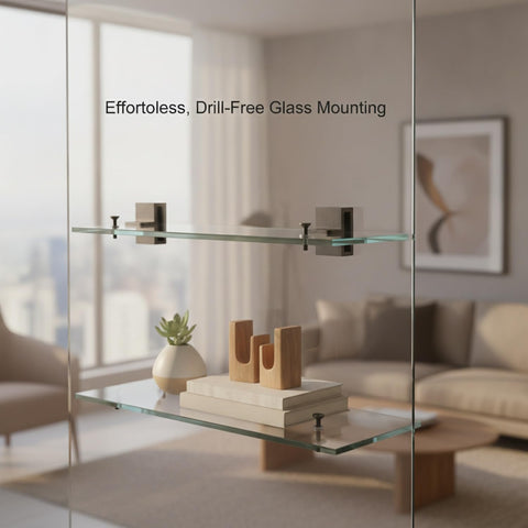 Stainless Steel Glass Shelf Clamps For Tempered Glass Panels Wall Mount Bathroom Brackets That Grip The Edge No Drill Floating Shelf Support Hardware 4 Pack holding glass shelves with decor