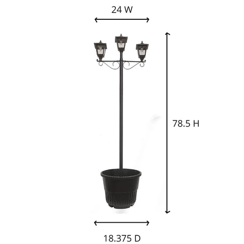 Triple Head Solar Lamp Post Set With Round Planter, Weather Resistant Outdoor Lighting In Black Finish, 100 Percent Solar Powered LED Pathway Lights For Garden And Yard, No Fuss Install with dimensions