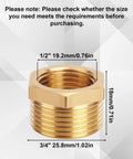 Brass reducer hex bushing, 3/4 in NPT male to 1/2 in NPT female, front view showing hex body and threads.