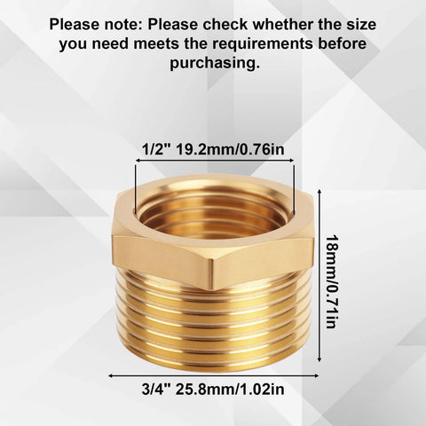 Brass reducer hex bushing, 3/4 in NPT male to 1/2 in NPT female, front view showing hex body and threads.