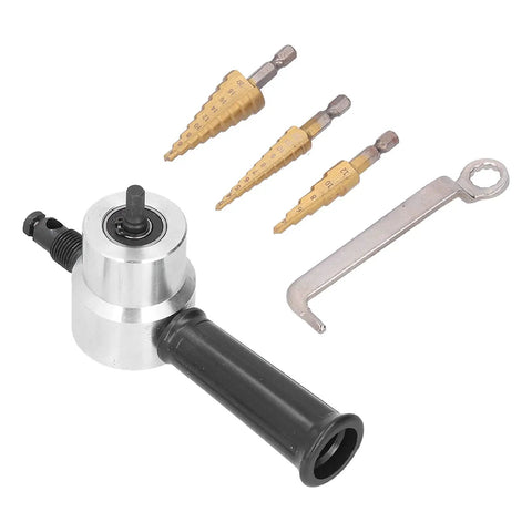 Double Head Nibbler Cutter With Cobalt Step Drill Bits, Aluminum Alloy Metal Cutting Attachment For Electric Drill, tool with three drill bits.