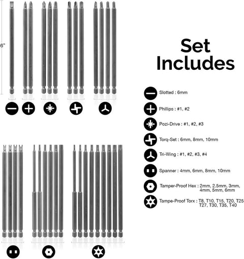 Heavy Duty 32-Piece S2 Steel Tamper-Proof Bit Set With 6 Inch Extra Long 1/4 Inch Security Screwdriver and bit sizes shown