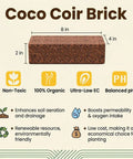 Diagram of a Coco Coir Brick showing dimensions 8x4x2 inches, labeled non-toxic, 100% organic, with benefits listed.