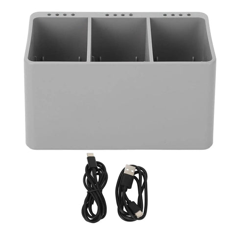 Drone Battery Charging Hub With Digital Display, 3 port fast charge station, showing gray charging slots and USB cables.