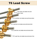 6mm T6 Lead Screw With Copper Nut For 3D Printers, Stainless Steel Trapezoidal Rod, Pitch 1mm to 12mm, Multiple Leads