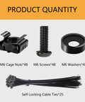 Straight Up Heavy Duty M6 X 16 MM Rack Mount Screws And Square Cage Nuts Hardware Kit With Flat Washers Plus Self Locking Cable Ties For Server Chassis And Network Racks, featuring 48 screws, 48 cage nuts, 48 washers, and 25 cable ties.