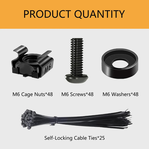 Straight Up Heavy Duty M6 X 16 MM Rack Mount Screws And Square Cage Nuts Hardware Kit With Flat Washers Plus Self Locking Cable Ties For Server Chassis And Network Racks, featuring 48 screws, 48 cage nuts, 48 washers, and 25 cable ties.