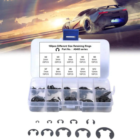 160 Piece E Clip Assortment Kit With External Retaining Rings In Ten Sizes From 2 To 12 MM Black Metal Snap Clips In Case For Handy DIY Repairs Maintenance And Assembly Projects, open case