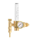 Front view of brass Argon/CO2 welding gas regulator with vertical flowmeter and gauge.