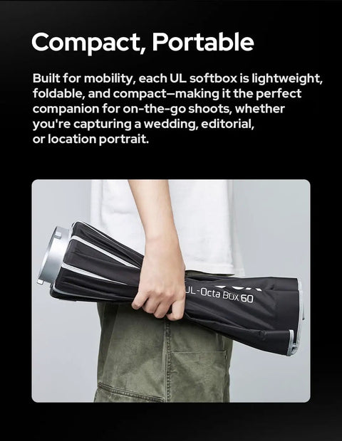 Professional Grade 23.6 Inch Octa Softbox With Bowens Mount being held, compact and portable design for on-the-go shoots.