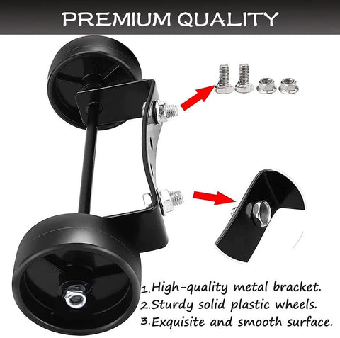 Front view of universal patio heater wheel kit with black plastic wheels, metal bracket, and mounting bolts (2 wheels)
