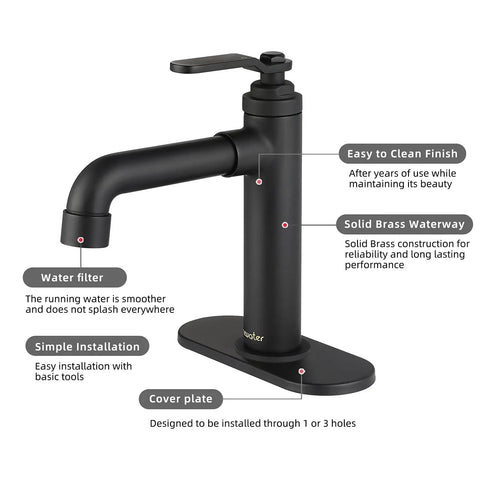 Single Handle Brass Bathroom Sink Faucet One Hole Deck Mount Vanity Basin Mixer Tap Includes Metal Pop Up Drain And Supply Lines RV Ready Commercial Lavatory Matte Black Finish with labels showing features like easy to clean finish and solid brass waterway.