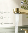 Top Shelf Brushed Gold 3 Hole 8 Inch Widespread Bathroom Sink Faucet with aerator, splash proof design, and smooth water flow.