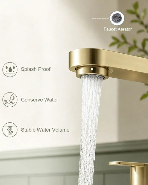 Top Shelf Brushed Gold 3 Hole 8 Inch Widespread Bathroom Sink Faucet with aerator, splash proof design, and smooth water flow.