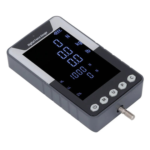 Push Pull Thrust Dynamometer Gauge With Bright Color Digital Display For Real Time Force Readout 10N 1kg 2.2lb Capacity Tension And Pressure Tester Three Measurement Modes Reversible Screen US Plug For Lab Or Workshop, angled view