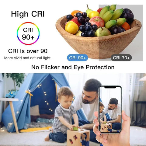 High CRI comparison of wooden fruit bowl with child playing, background demonstrating eye protection from 18 Watt Flush Mount LED Ceiling Light.