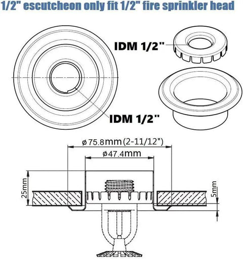 1/2" escutcheon for fire sprinkler head, detailed schematic showing dimensions and fit for 1/2" pipes.