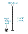 Built Tough Black Door Hinge Screws Size 8 By 2 And Three Quarter Inches Corrosion Resistant Carbon Steel Wood Fasteners showing Phillips bugle head.
