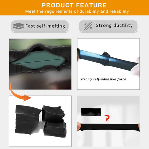 Collage of Two Rolls Self Fusing Silicone Tape 1 Inch By 10 Feet Black Weatherproof Pipe Repair Tape showing features