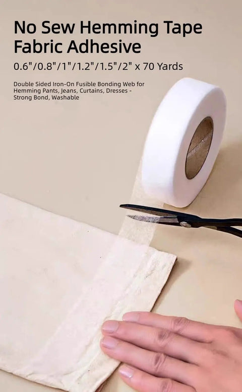 Easy No Sew Hemming Tape Fabric Adhesive DIY Friendly For Quick Hem Fixes On Pants Jeans Curtains And Dresses being cut