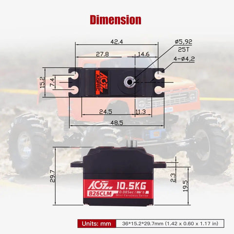 Dimensions of Beefed Up 10.5Kg Digital Coreless RC Servo Motor With Aluminum Shell And Titanium Gear for 1/12 Scale Vehicles