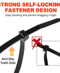 Heavy Duty Black Cable Ties 14 Inch 0.18 Inch Wide 1200 Pack Self Locking Nylon 66 Zip Ties With 50lb Tensile Strength For Indoor Outdoor Use UV Resistant Weatherproof Durable Tie Wraps Built Tough For Any Job featuring strong self-locking fastener design and anti-slip teeth side.