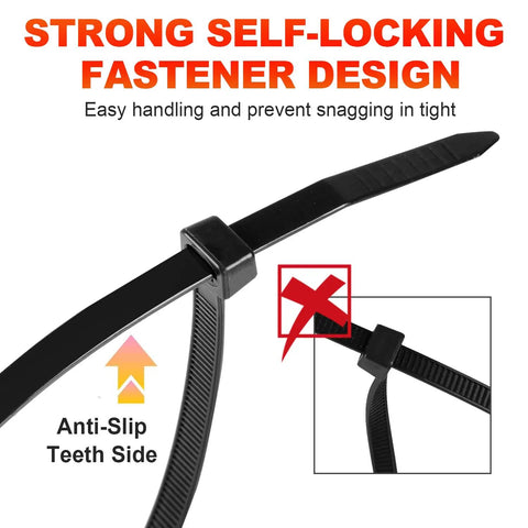 Heavy Duty Black Cable Ties 14 Inch 0.18 Inch Wide 1200 Pack Self Locking Nylon 66 Zip Ties With 50lb Tensile Strength For Indoor Outdoor Use UV Resistant Weatherproof Durable Tie Wraps Built Tough For Any Job featuring strong self-locking fastener design and anti-slip teeth side.