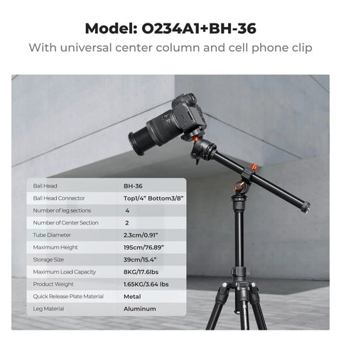 Go To 76 Inch Camera Tripod With Rotatable Center Column And 360 Degree Ball Head Heavy Duty 8kg Load shown with DSLR camera