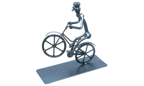 Handmade Bike Themed Desk Statue For Men Nut And Bolt Biking Figurine Metal Welding Sculpture on metal base, side view