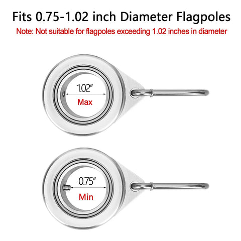 Aluminum Flag Pole Rings With Bearing For 0.75 To 1 Inch Flag Poles, No Tangle 360 Degree Rotation, Durable Carabiner Clips, No Fuss Quick Install, Keeps Your Flag Flowing Smooth And Safe. Fits 0.75-1.02 inch poles.