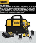 Rock Solid 12V Max Brushless Cordless Five In One Drill Driver Kit featuring charger, attachments, and carrying bag.