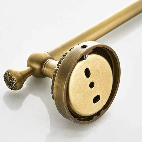 Antique Brass Bathroom Accessories 4 Piece Wave Pattern Wall Mount Set With Adjustable Towel Bar end detail in retro style