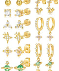 Gold Plated Earring Set For Women 9 Pairs Including Huggie Hoops Planet Ball Flower Dangle Studs Flat Back Cartilage Tragus Earrings For Multiple Piercings Stackable Jewelry Perfect For Everyday Vibe, gold plated studs and hoops
