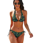 Two Piece Halter Swimsuit Set For Women With Green Cactus Flower Print Botanical Tankini Style Yacht Ready Beachwear Plus Size 2XL