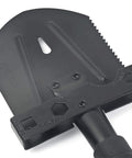 Close-up of the Grab-N-Go 12-In-1 Survival Multi-Tool Shovel head showing axe hatchet saw hammer wrench and bottle opener.